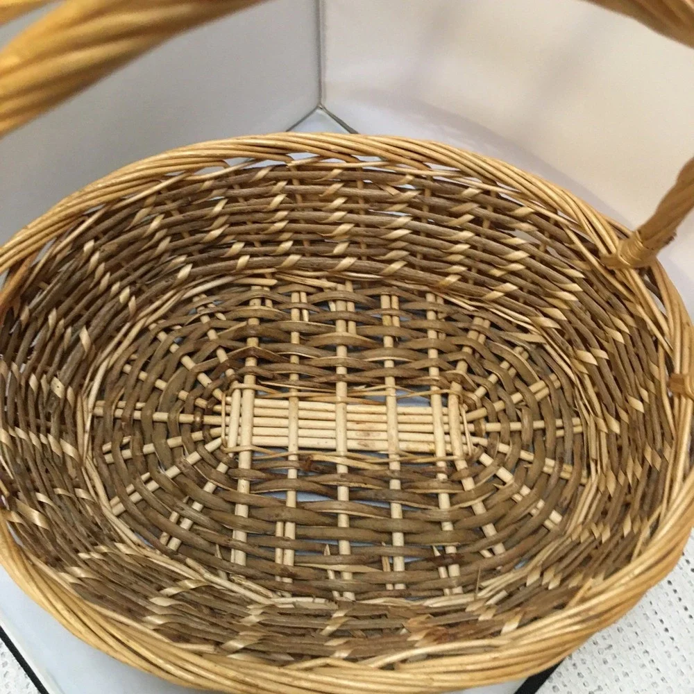 Woven Wicker Basket Large Brown Oval Double Handle Gathering Rustic Farmhouse